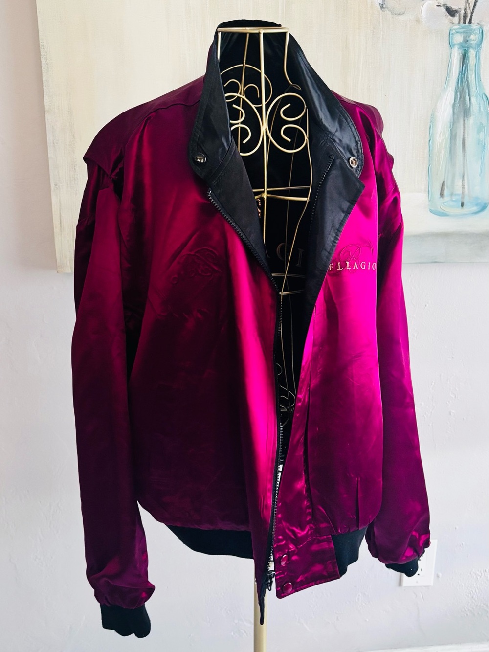 Bellagio Las Vegas Reversible Satin Bomber Jacket Black Magenta Embroidered